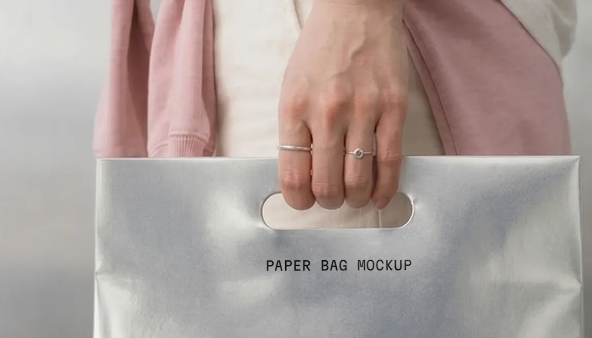 Metallic Paper Bag Mockup in Arm Front View