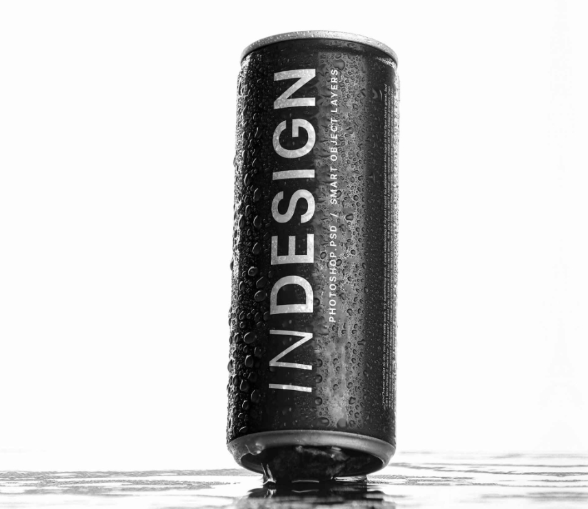 Drink can Mockup with Water Drops