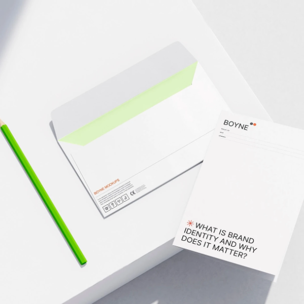 Letterhead Mockup with Green Pencil on White Surface