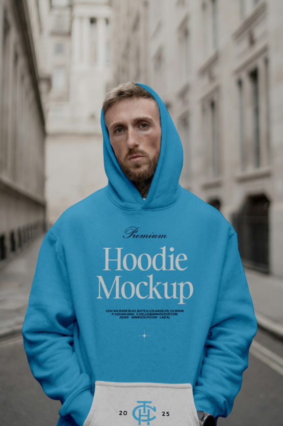 Men Wearing Hoodie Against The city Mockup