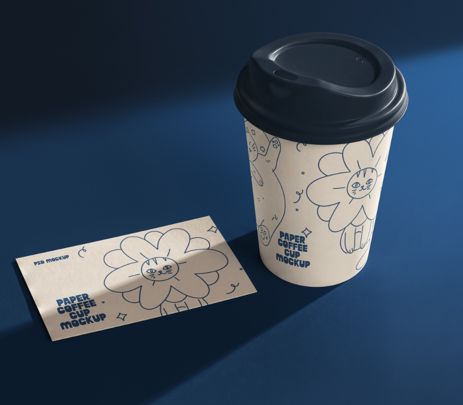 Paper Hot coffee cup & Business card PSD Mockup