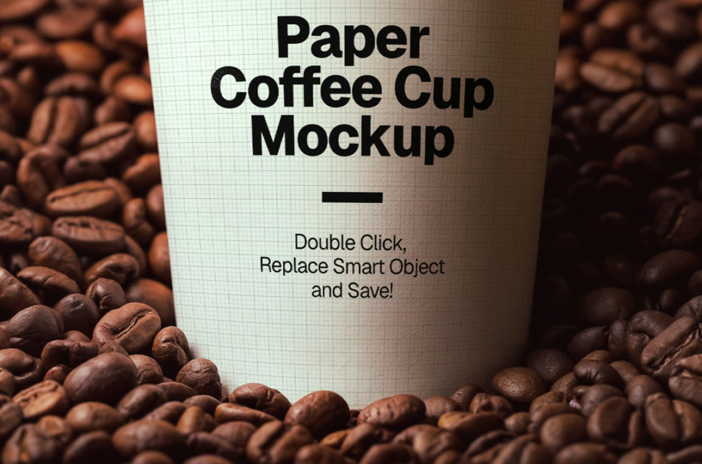 Paper coffee cup Mockup on Roasted coffee Beans