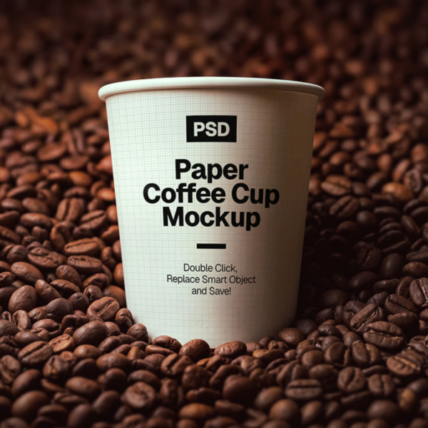 Paper coffee cup Mockup on Roasted coffee Beans