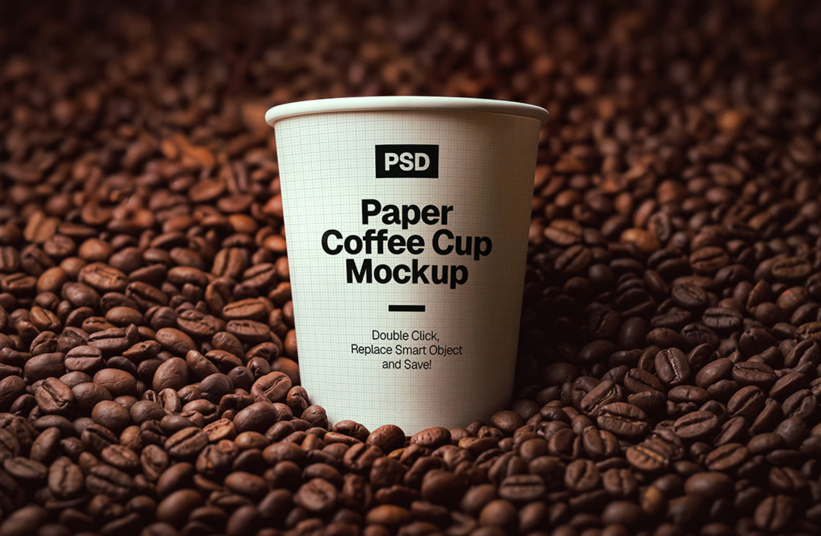 Paper coffee cup Mockup on Roasted coffee Beans
