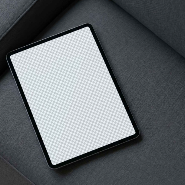 Premium iPad Pro Mockup on Modern Gray Sofa
