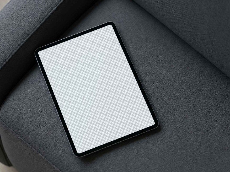 Premium iPad Pro Mockup on Modern Gray Sofa