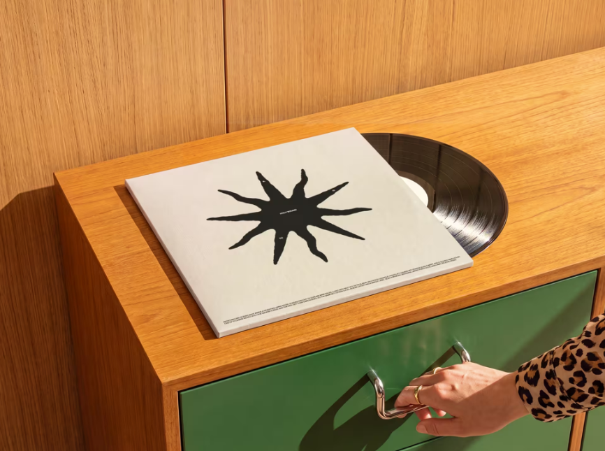 Free Vinyl Record Mockup on Wooden cabinet
