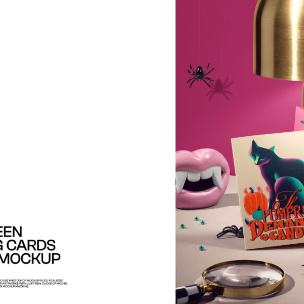 Halloween Greeting cards on Desk Mockup PSD