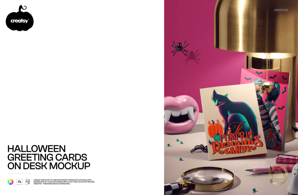 Halloween Greeting cards on Desk Mockup PSD